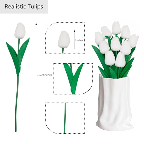 White Flowers Fake Tulips Artificial Flowers, 13 Inch Real Touch Tulip PU Flowers for Decoration, Vase, Mother's Day Easter Valentines Gifts 10 Pcs - color: White