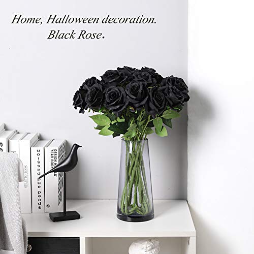 Laelfe 12 PCS Artificial Flowers Black Roses, Fake Silk Flower Long Stem Artificial Rose for Halloween Home Wedding Party Decorations(Black) - color: Black