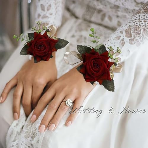 Campsis Red Rose Wrist Corsage, Gold-Accented Artificial Flowers with Satin Ribbon, Set of 2, Wedding and Prom Formal Wear