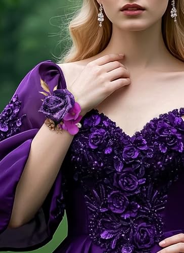 Purple Rose Boutonniere and Corsage Set - 2 Pcs Artificial Flowers Wrist Corsage and Boutonniere Kit for Men Wedding Prom Party, Anniversary Ceremony - color: Purple
