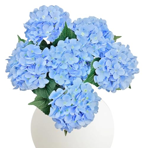 6PCS Blue Hydrangea Artificial Flowers, Bulk Silk Fake Flower with Stems, Faux Hydrangeas Bouquets for Home Décor, Wedding, Party, and Office Table Centerpieces. - color: Blue