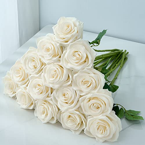 15pcs Ivory Roses Artificial Flowers Silk Fake Flowers Realistic White Roses Bouquet Long Stem for Wedding Home Party Birthday Decoration - color: 15pcs Ivory
