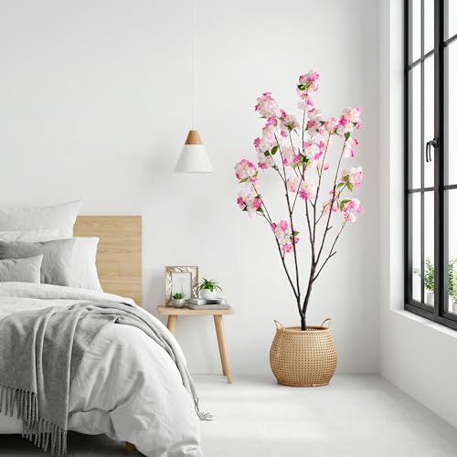 Ttranewsoo Fake Tree Cherry Blossom Tree 59In Artificial Cherry Blossom Tree Tall Fake Plant Faux Trees Indoor Artificial Trees for Home Decor Indoor Applies to Living Room Bedroom Balcony (Pink Rose) - color: 1.5m Pink Rose