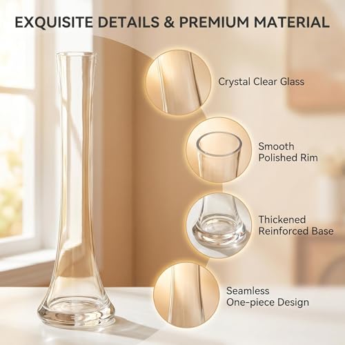 25CM Tall Glass Flower Bud Vase Single Stem Decorative Vase Narrow Bud Vase Table Centrepiece for Wedding Living Room Table Home Decoration(Transparent)