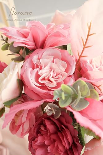 Floroom Hot Pink Blush Artificial Flowers Fake Roses Peonies Dahlias and Greenery Combo Box Set for DIY Wedding Bouquets Bridal Shower Centerpieces Floral Arrangements Party Tables Home Decorations - color: Vibrant Blossom Fuchsia