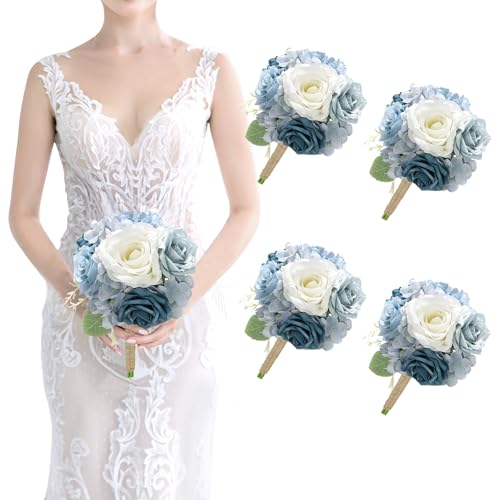 Artificial Bridesmaids Bouquets Set of 4 - 7 inch Silk Rose Bouquets for Bridesmaids, Pre-made Bridesmaid Flowers Small Bouquet for Wedding Vintage Country Bridal Shower Decorations -Dusty Blue - color: Dusty Blue, size: 4pcs Bouquets