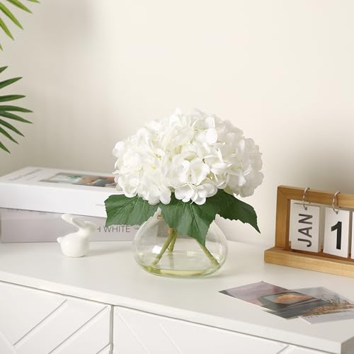 Artificial Hydrangea Flowers with Glass Vase & Fake Water - Faux Hydrangea for Home Table, Wedding Party, Office Decor | Realistic Fake Hydrangeas, Silk Flowers for Vase Arrangement(Hydrangea, white) - color: Hydrangea, White