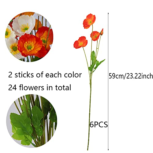 FERIAL 6 Pcs Artificial Poppies Flowers Silk Poppy Flowers Faux Poppy Plants Fake Flowers Bulk for Home Decorations Table Centerpieces Floral Arrangement Wedding Bouquet Mixed Colors - color: White&orange