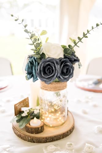 DuHouse 25Pcs Artificial Roses Flowers Fake Roses with Stems Real Touch Foam Flowers for DIY Wedding Bouquet Party Centerpiece Floral Arrangement Party Home Decor(Dusty Blue) - color: Dusty Blue, size: 25pcs