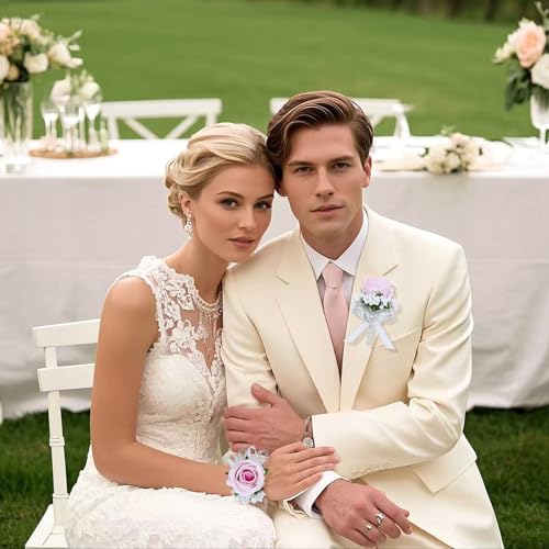 2Pcs Light Pink Rose Corsage and Boutonniere Set, Artificial Wrist Corsage Wristlet Bracelets, Men Boutonniere for Wedding Party Ceremony Homecoming Flowers Accessories Prom Decorations - color: Light Pink
