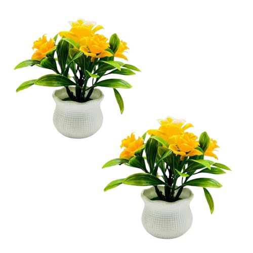 2Pcs Yellow Artificial Flowers, Fake Flowers, Artificial Plants Indoor, Artificial Potted Plants 5 Rose Flower Head Wedding Faux Floral Bonsai Indoor Outdoor Desktop Decoration