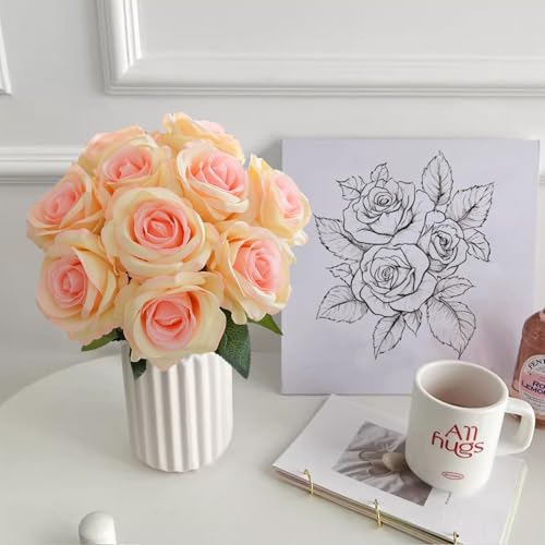 10 Pcs Champagne Rose Artificial Flower, Faux Silk Flowers With Long Stems, Fake Roses Bulk Bouquet for Decoration Valentine's Day Centerpieces Proposal Bridal Bouquets Shower Party Home Floral Decor - color: Champagne