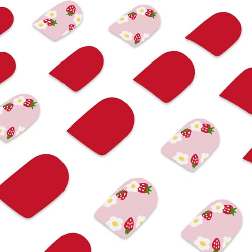 Flower Press on Nails Short Square Fake Nails Red False Nails with Cute Flowers Designs Strawberry Full Cover Stick on Nails Glue on Nails Summer Nails Acrylic Nails for Women Girls 24 Pcs - color: Flower Square40