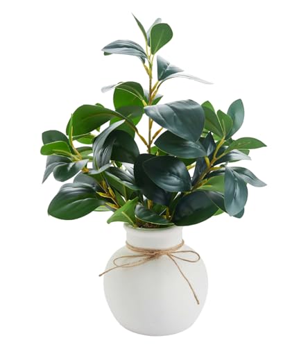 16.5'' Artificial Ficus Branch Arrangement, Real Looking Faux Plant with Glossy Green Oval Leaves, White Ceramic Vase with Rope Accent and Pebbles for Table Entryway Indoor Decor - color: Ficus Plant