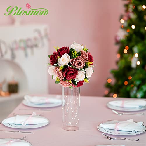 BLOSMON Wedding Flowers Centerpieces for Tables: 10 Pcs Burgundy & Dusty Rose & Creamy White Fake Roses Kissing Balls Decoration - Artificial Silk Floral Arrangements for Home Party DIY Decor - color: Burgundy & Dusty Rose & Creamy White