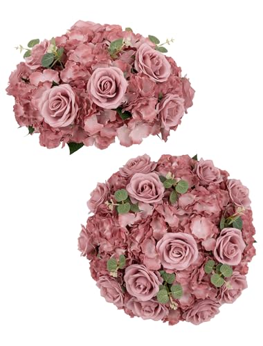 BLOSMON Artificial Flower Balls Wedding Centerpieces 2 Pcs 15.7" Large Dusty Pink Fake Flowers Rose Hydrangea Ball Arrangement Center Pieces for Table Silk Floral Bouquet for Wedding Party Home Decor - color: Dusty Rose, size: Diam 15.7" - 2 Pcs