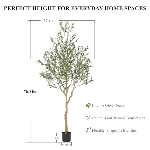Nafresh Tall Faux Olive Tree，7ft（84in） Realistic Potted Silk Artificial Indoor with Green Leaves and Big Fruits for Home Office Living Room Bedroom Stairs Foyer Decor. - size: 7ft