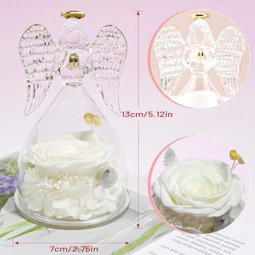 Miofula Gifts for Mom Birthday Gifts for Women, Preserved Flowers Rose in Glass Angel Figurines, Fresh Flowers for Delivery Anniversary Forever Real Roses Gifts for Mothers Grandma Her Wife Girlfriend - color: White
