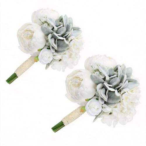White Pre-Made Bridesmaids Bouquets Set of 2-7 inch Small Rustic Aritificial Flower Bouquet for Wedding Marriage Proposal Decor - color: White, size: Set of 2 Bouquets