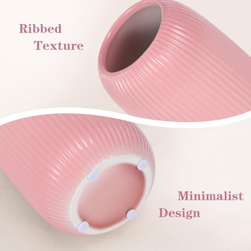 Ceramic Vase for Flowers – Modern Small Ribbed Textured Flower Vase for Home Decor, Pampas Grass, Decorative, Farmhouse, Coffee Table, Kitchen Centerpieces, Bookshelf and Home Living (Pink) - color: Pink