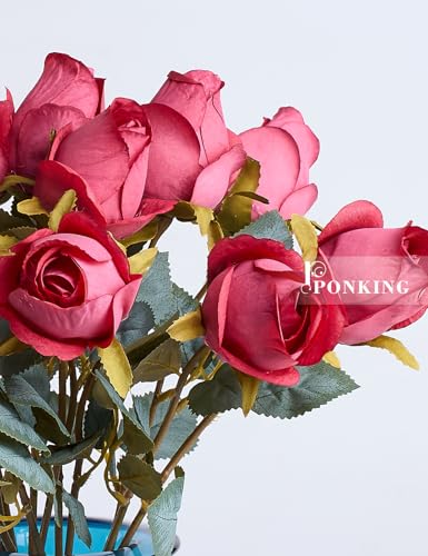 PONKING Rose Artificial Flower Buds 12pcs Realistic Faux Silk Roses Fake Flowers Bouquets Arrangements Decor for Wedding Spring Mother's Day, Home Table Decorations, Dark Magenta Flower - color: C 12pcs Dark Magenta Rose