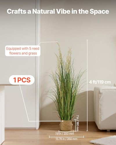 VEVOR Artificial Grass Plant, 47 inch Reed Flower Grass in Pot, Premium PVC Faux Fake Greenery Shrubs Plant for Indoor Outdoor House Home Garden Office Room Décor, Housewarming, 1 Pack Green - color: Reed Flowers and Grass-1pcs, size: 4FT