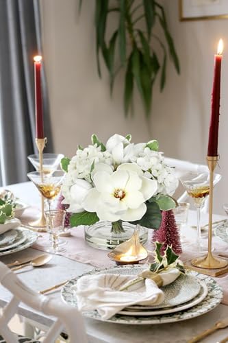 Briful Artificial Magnolia and Hydrangea Flower Arrangement in Glass Vase 9.4" Realistic White Silk Fake Flower with Faux Water Fake Floral Centerpieces for Home Room Office Table Shelf Décor - color: White