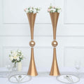 Efavormart 2 Pack | 31" Gold Crystal Embellishment Trumpet Table Centerpiece, Reversible Plastic Flower Vase - color: Gold, size: 31"