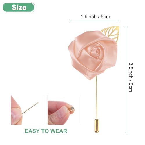 M METERXITY 1-Pack Flower Lapel Pins for Men, Golden Leaf Rose Boutonnieres Pin Groom Boutonnieres for Wedding/Dance/Party, Men Lapel Pins for Suits Satin Flower Corsage [Korean Pink] - color: Korean Pink