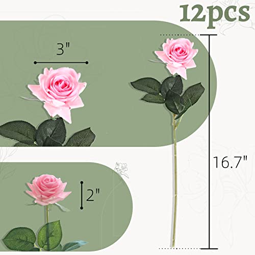 ZMZQ&flw Pink Roses Artificial Flowers 12PCS, Real Touch Silk Flowers, Realistic Single Fake Flower with Individual Stems Leaves - color: Pink 12pcs
