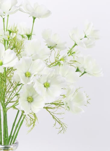 IPOPU White Cosmos Flowers Artificial 40 Heads 8Pcs Daisy Silk Flowers Faux Wildflowers Vase Filler for Living Room Bathroom Kitchen Table Centerpiece Home Decor - color: White)