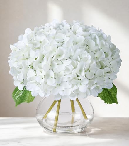 Artificial Hydrangea Flowers Arrangements in Glass Vase for Home Decoration, Faux Hydrangea Flowers for Floral Arrangements with Faux Water Wedding Bouquets Kitchen Table Centerpiece Decor - color: White