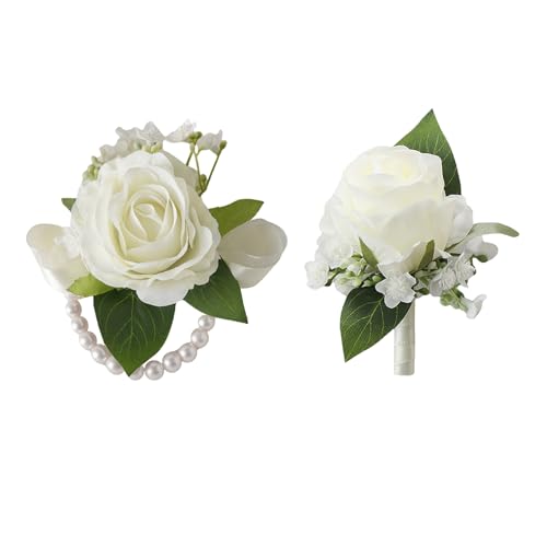 Ivory White Rose Wrist Corsage and Boutonniere Set for Prom Wedding | Artificial Silk Rose Women Pearls Corsage with Men Boutonniere for Wedding Accessories Prom Ceremony Party - color: White Wrist Corsage and Boutonniere Set
