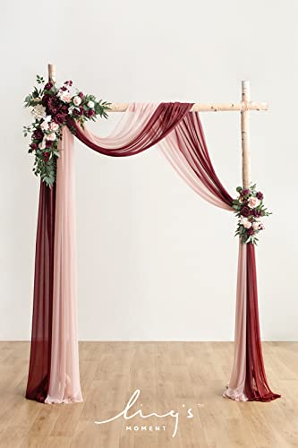 Ling's moment Red Pink Blush Artificial Wedding Arch Flowers Kit Pack of 4, 2pcs Hanging Flower Arrangement 2pcs Chiffon Drapes Ceremony Reception Fake Rose Arbor Backdrop Floral Party Outdoor Decor - color: Red-marsala & Blush 01