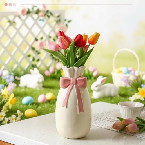 Jingmore Pink Bow Ceramic Vase for Flowers 9.3 Inch Cute Coquette Spring Decorative Porcelain Vase for Fresh/Artificial Flowers Wedding Table Centerpiece Living Room Pink Home Decor