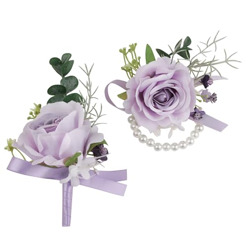 Alizeal 2Pcs of Wrist Corsage and Boutonniere Set, Artificial Flowers Accessories Suit Decor for Wedding Prom Party Homecoming Ceremony, Lavender - color: Lavender
