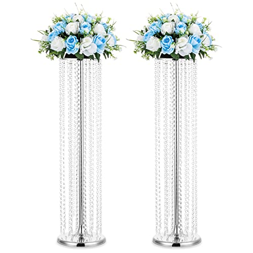 Nuptio 2 Pcs 35.4inch Tall Wedding Centerpieces Flower Vases Crystal Silver Vase Metal Flowers Stand for Party Tables Decorations - Elegant Bulk Weddings Decoration Table Chandelier Centerpiece stands - color: Silver, size: 2 Pcs 35.4 inch