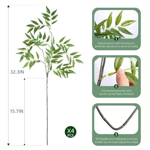 Fake Plants 32.3In Faux Bamboo Leaves Stems Artificial Greenery Stems Artificial Branches for Vase Faux Branches for Vase Fake Green Plants Suitable for DIY Home Office Dining Room Decor 4PCS - color: Green-zyj4