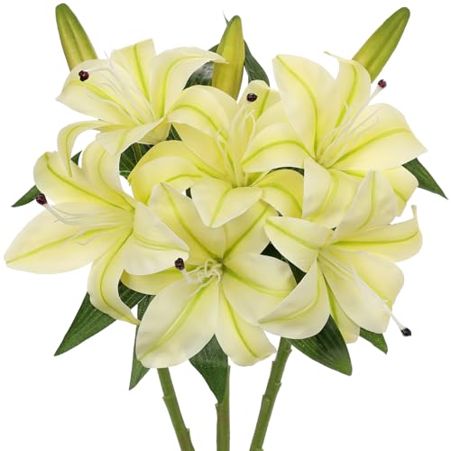Artificial Tiger Lily Silk Flowers - 3 Pcs Faux Lily Flower 14.9" Fake Lilies Bouquets Faux Stargazer Lilies Stem with 6 Heads & 3 Buds for Indoor Outdoor Home Table Wedding Decor (Creamy Yellow) - color: Creamy Yellow&green