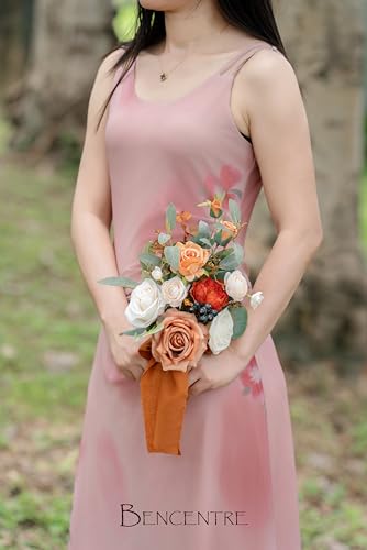 Set of 6 Burnt Orange Bridesmaid Bouquet,Terracotta Wedding Bouquet,Small Bouquet,for Wedding, Marriage Proposal Party and Vintage Wedding Ceremony Anniversary,Artificial Flowers - color: Burnt Orange