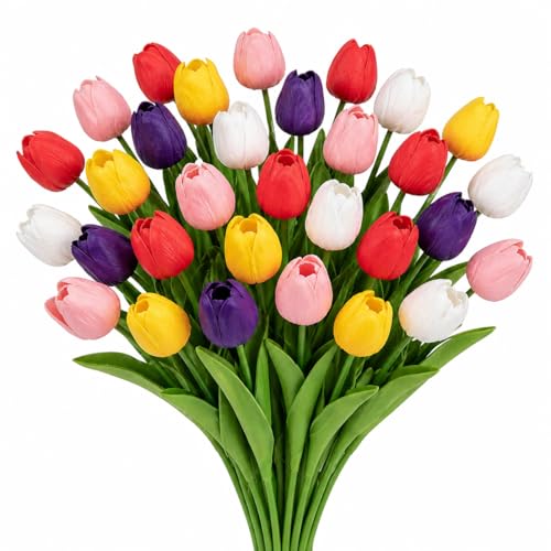 MACTING 30PCS Artificial Tulip Flowers 13.7" Fake Flowers Real Touch Faux PU Tulips Bouquet for Floral Arrangement Table Centerpieces Home Indoor Summer Mothers Day Decorations,Multi Colors-2 - color: Mix Color2