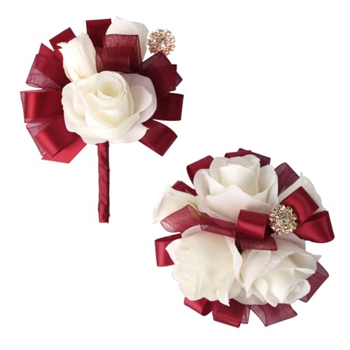 Wrist Corsage and Boutonniere Set Ivory Rose Corsage Wristlet for Homecoming Wedding Party Groom Bride Artificial Flower (Red and Ivory) - color: Red and Ivory