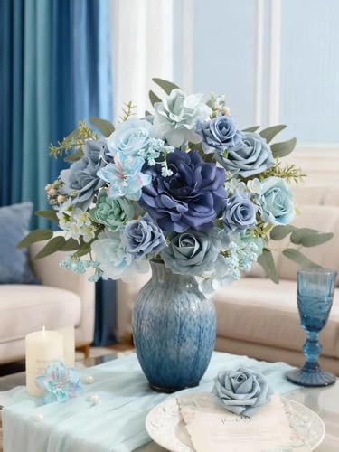 Artificial Flowers Combo Box Blue Flowers Silk Fake Roses with Stems for DIY Wedding Bridal Bouquets,Table Centerpieces,Cake Floral Arrangement,Baby Shower,Birthday Party Home Decorations - color: Blue