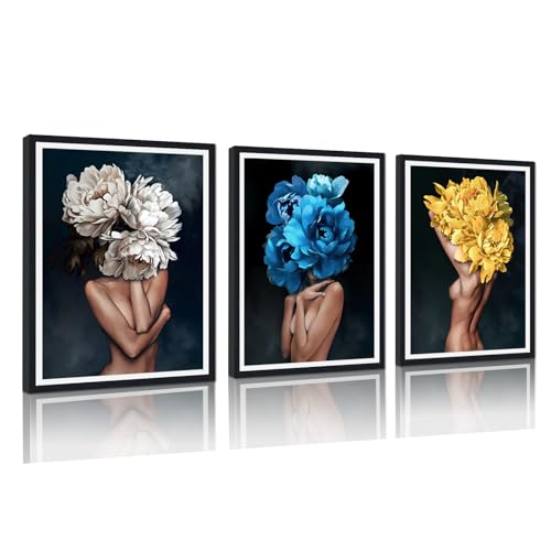Sexy Woman with Flowers Wall Art Nude Women Posters Wall Decor Flower Blooming on Girls Head Canvas Prints Artwork Decor for Home Bedroom Bathroom Hotel Framed Ready to Hang 16x24inchx3pcs - color: Art01, size: 16x24x3Pcs Black Framed