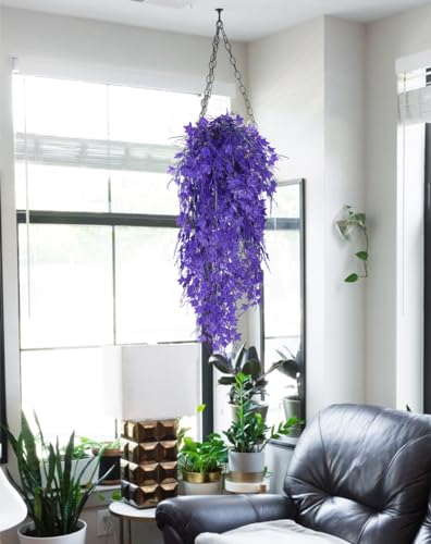 RECUTMS 3Pcs 31.5" Fake Hanging Plants Fake Ivy Vine Artificial Ivy Leaves | UV Resistant,Pure Purple Plastic Vines,Faux Hanging Greenery Stems,Trailing Greenery for Planters Home Yard Wall Garden Decor - color: Pure Purple, size: Hanging Ivy