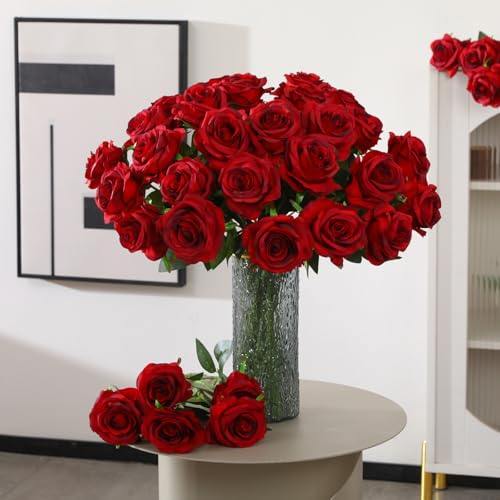 50PCS Artificial Silk Roses in Bulk & Bouquet Long Stem – Realistic Fake Roses for Wedding Centerpieces, Home Decor, Floral Arrangements, Party Decoration (Burgundy) - color: Burgundy, size: 50 Pcs