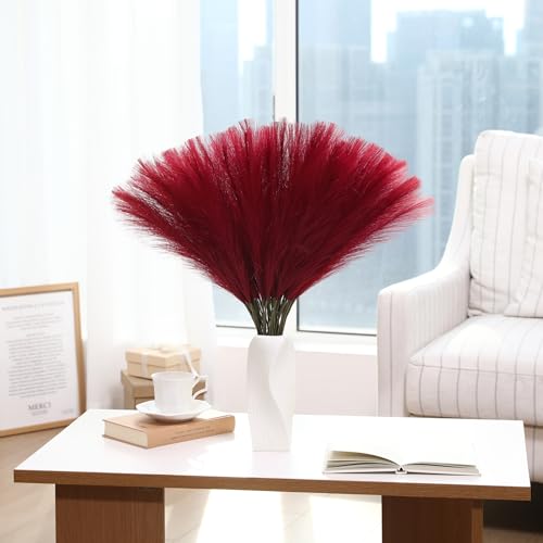 Wertuirk Faux Burgundy Pampas Grass - 30pcs 24 Inch Artificial Pampas Grass Decor Tall, Fake Pompas Grass for Vase Filler, Table Centerpieces, Wedding, Party and Home Decor (Burgundy, 30 Pieces) - color: Burgundy, size: 30 Pieces