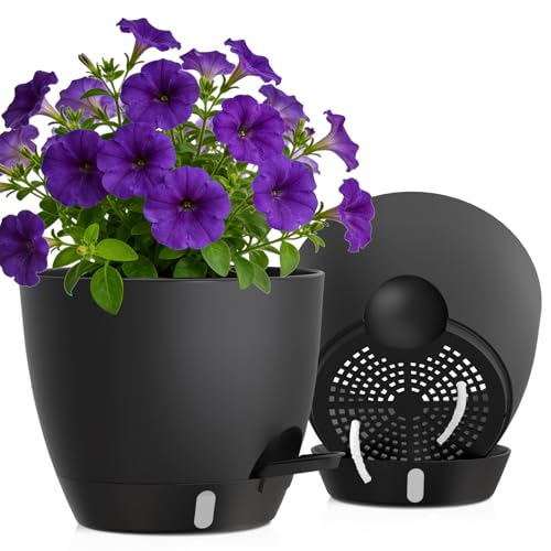 Self Watering Pots with Drainage Holes, 2 Pack 10 Inch Plant Pots with Water Level Indicator Deep Reservoir, Large Plastic Planter for Indoor Outdoor Plants - Black - color: Black, size: 10 Inch 2 Pack