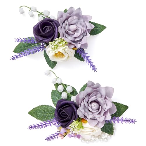 Rose Purple Corsage and Boutonniere Set for Wedding Prom(Set of 2),Artificial Flower Wrist Corsage Bracelets for Women Homecoming, Boutonniere for Men Suit Decorations Party Anniversary - color: Purple, size: 1 Corsage & 1 Boutonniere