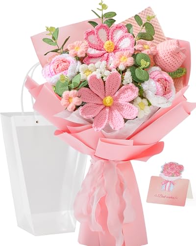Alecono Crochet Flower Bouquet, Pink Handmade Knitted Flowers, Crochet Tulips Galsang Flower for Mother's Day Anniversary Birthday Graduation Lover Valentines Day Gifts (with Card) - color: Pink, size: Large